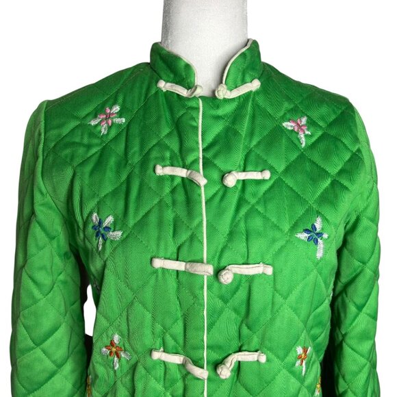 Vintage 70s Alfred Shaheen Quilted Asian Coat Small Green Frog Button Bell Sleev - Picture 2 of 6